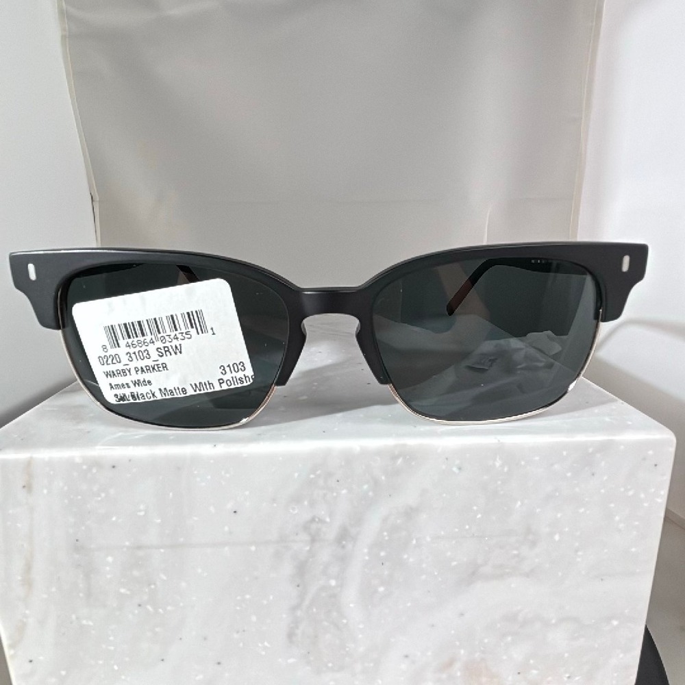 Warby Parker Ames Wide Sunglasses Black Matte Polished Silver 3103 SRW 54-18-145